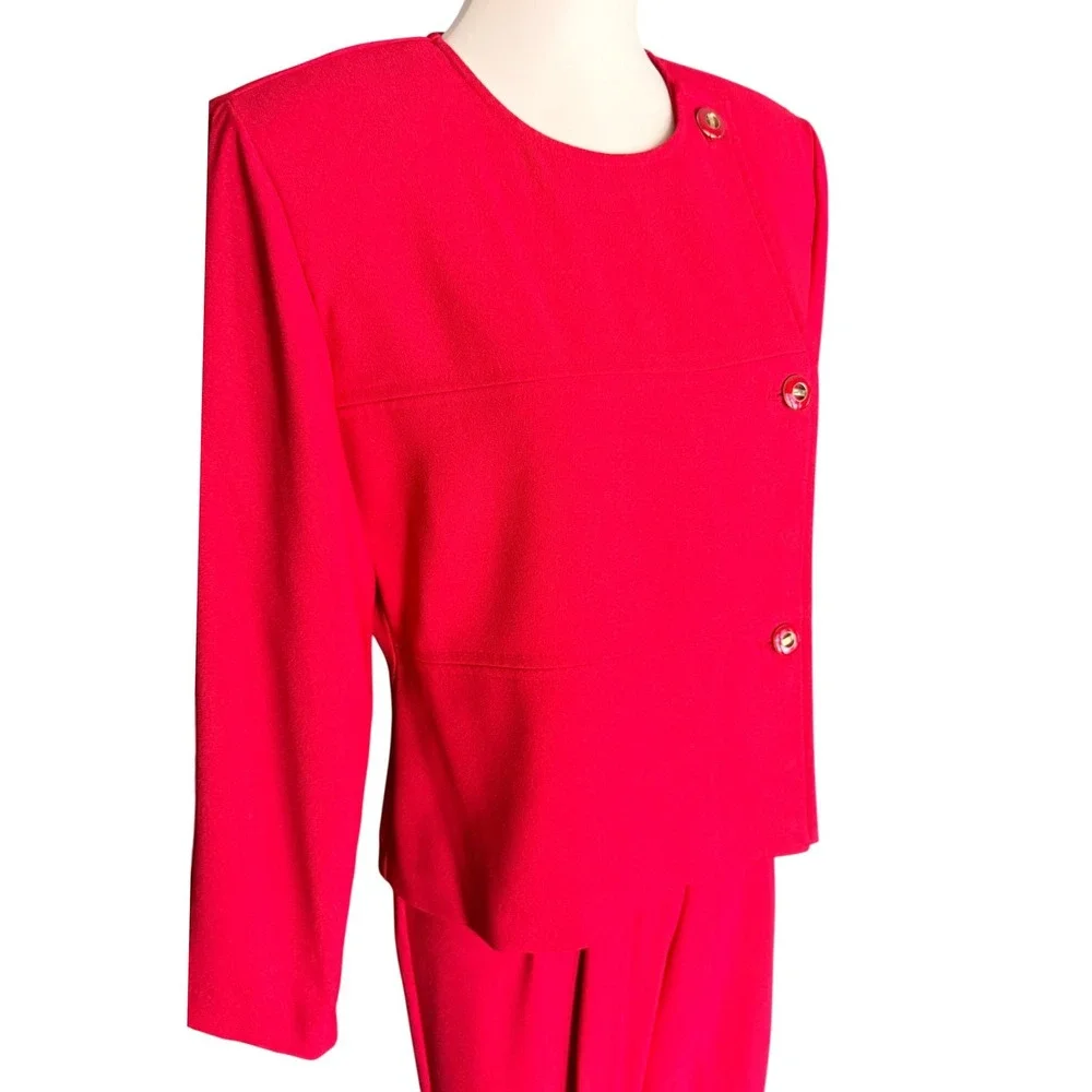 Vintage Red 2 Piece Pant Suit‎ Asymmetrical Button Blazer Pleated Trousers 1980s